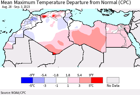 North Africa Mean Maximum Temperature Departure from Normal (CPC) Thematic Map For 8/28/2023 - 9/3/2023