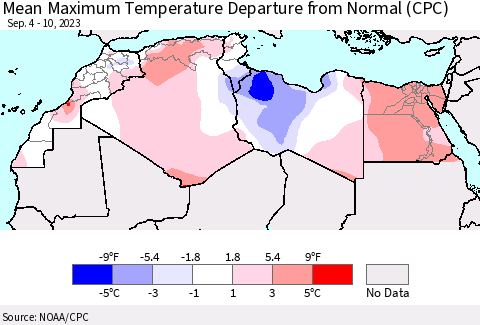 North Africa Mean Maximum Temperature Departure from Normal (CPC) Thematic Map For 9/4/2023 - 9/10/2023