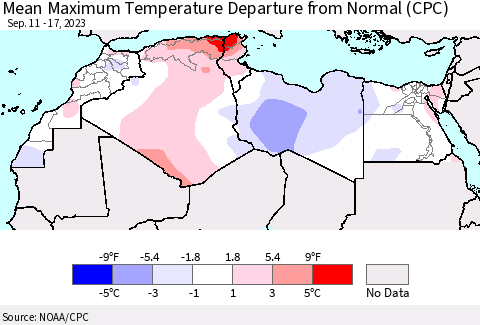 North Africa Mean Maximum Temperature Departure from Normal (CPC) Thematic Map For 9/11/2023 - 9/17/2023