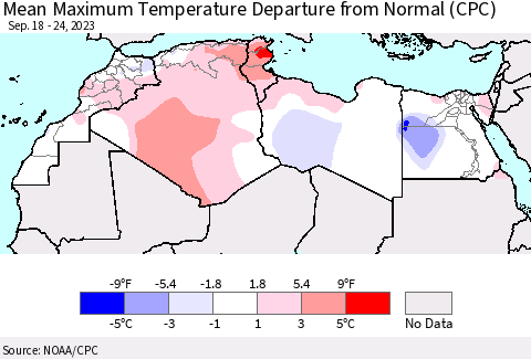 North Africa Mean Maximum Temperature Departure from Normal (CPC) Thematic Map For 9/18/2023 - 9/24/2023