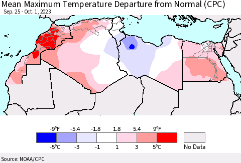 North Africa Mean Maximum Temperature Departure from Normal (CPC) Thematic Map For 9/25/2023 - 10/1/2023