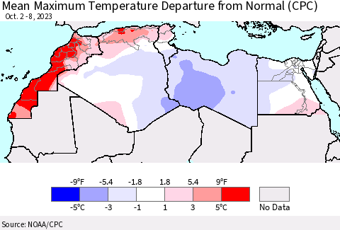 North Africa Mean Maximum Temperature Departure from Normal (CPC) Thematic Map For 10/2/2023 - 10/8/2023