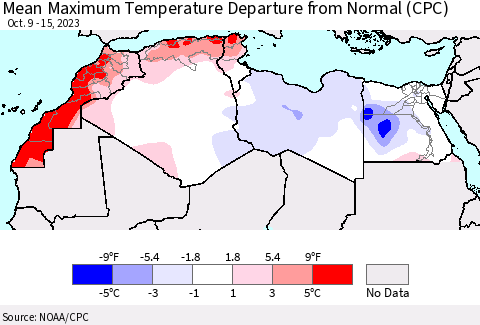 North Africa Mean Maximum Temperature Departure from Normal (CPC) Thematic Map For 10/9/2023 - 10/15/2023