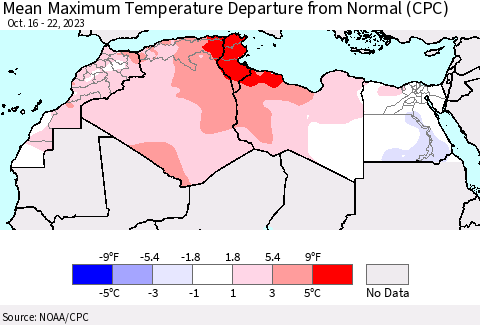 North Africa Mean Maximum Temperature Departure from Normal (CPC) Thematic Map For 10/16/2023 - 10/22/2023