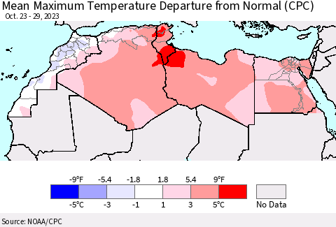 North Africa Mean Maximum Temperature Departure from Normal (CPC) Thematic Map For 10/23/2023 - 10/29/2023