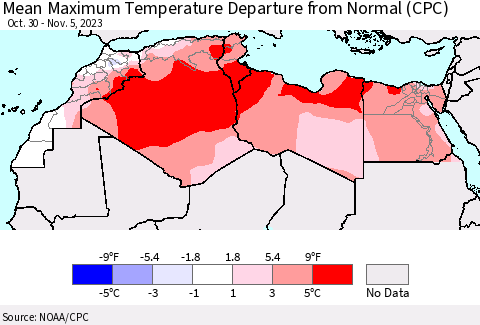 North Africa Mean Maximum Temperature Departure from Normal (CPC) Thematic Map For 10/30/2023 - 11/5/2023