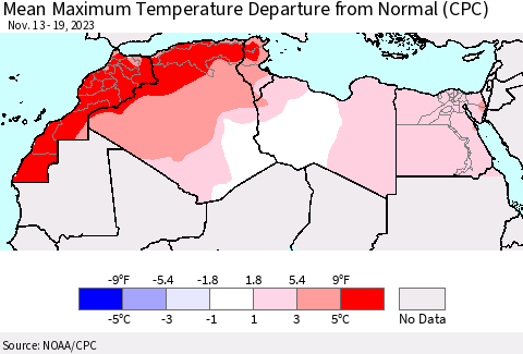 North Africa Mean Maximum Temperature Departure from Normal (CPC) Thematic Map For 11/13/2023 - 11/19/2023