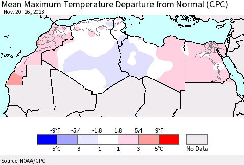 North Africa Mean Maximum Temperature Departure from Normal (CPC) Thematic Map For 11/20/2023 - 11/26/2023