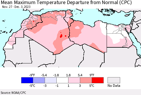 North Africa Mean Maximum Temperature Departure from Normal (CPC) Thematic Map For 11/27/2023 - 12/3/2023