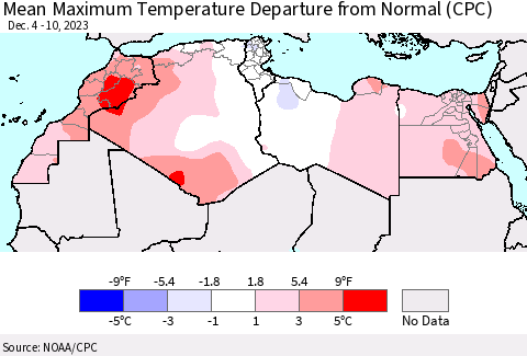 North Africa Mean Maximum Temperature Departure from Normal (CPC) Thematic Map For 12/4/2023 - 12/10/2023