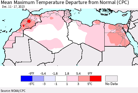 North Africa Mean Maximum Temperature Departure from Normal (CPC) Thematic Map For 12/11/2023 - 12/17/2023