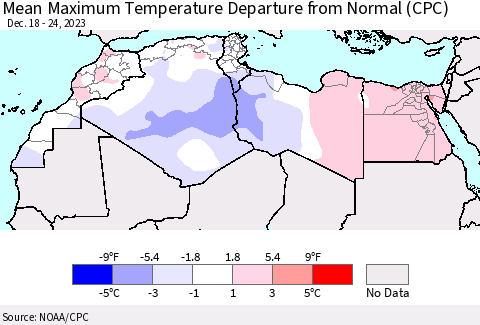 North Africa Mean Maximum Temperature Departure from Normal (CPC) Thematic Map For 12/18/2023 - 12/24/2023