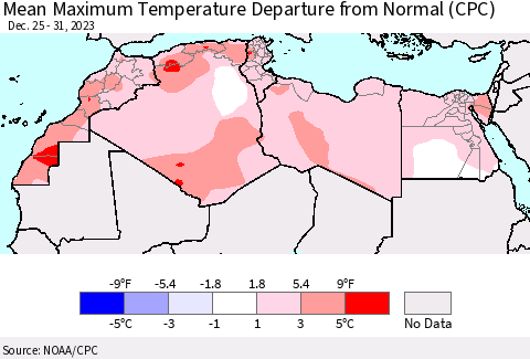 North Africa Mean Maximum Temperature Departure from Normal (CPC) Thematic Map For 12/25/2023 - 12/31/2023