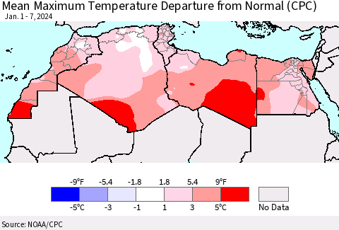 North Africa Mean Maximum Temperature Departure from Normal (CPC) Thematic Map For 1/1/2024 - 1/7/2024