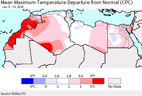 North Africa Mean Maximum Temperature Departure from Normal (CPC) Thematic Map For 1/8/2024 - 1/14/2024