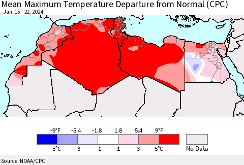 North Africa Mean Maximum Temperature Departure from Normal (CPC) Thematic Map For 1/15/2024 - 1/21/2024