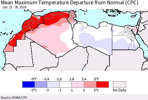 North Africa Mean Maximum Temperature Departure from Normal (CPC) Thematic Map For 1/22/2024 - 1/28/2024