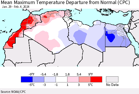 North Africa Mean Maximum Temperature Departure from Normal (CPC) Thematic Map For 1/29/2024 - 2/4/2024