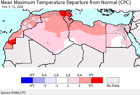 North Africa Mean Maximum Temperature Departure from Normal (CPC) Thematic Map For 2/5/2024 - 2/11/2024