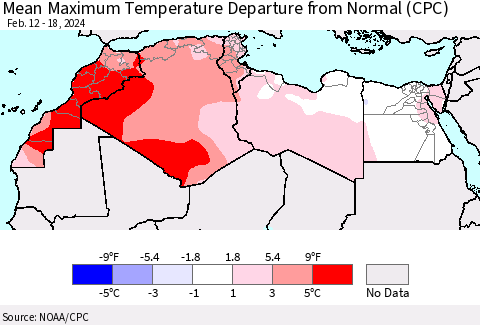 North Africa Mean Maximum Temperature Departure from Normal (CPC) Thematic Map For 2/12/2024 - 2/18/2024