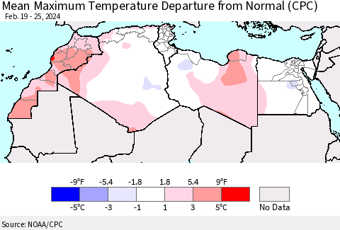 North Africa Mean Maximum Temperature Departure from Normal (CPC) Thematic Map For 2/19/2024 - 2/25/2024