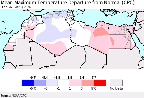 North Africa Mean Maximum Temperature Departure from Normal (CPC) Thematic Map For 2/26/2024 - 3/3/2024
