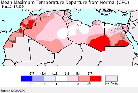 North Africa Mean Maximum Temperature Departure from Normal (CPC) Thematic Map For 3/11/2024 - 3/17/2024