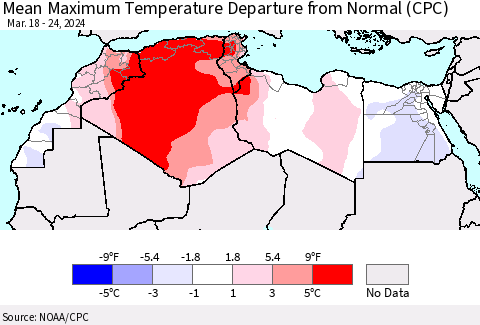 North Africa Mean Maximum Temperature Departure from Normal (CPC) Thematic Map For 3/18/2024 - 3/24/2024