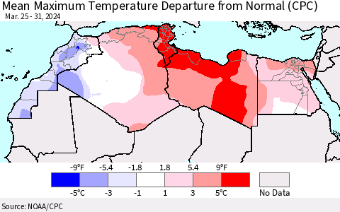 North Africa Mean Maximum Temperature Departure from Normal (CPC) Thematic Map For 3/25/2024 - 3/31/2024