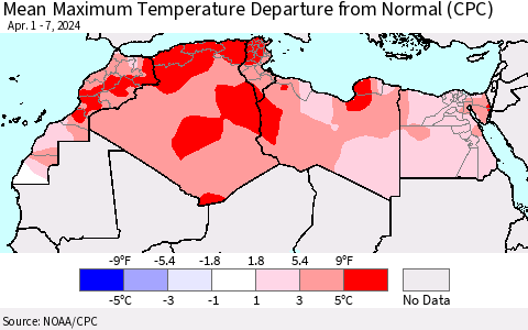 North Africa Mean Maximum Temperature Departure from Normal (CPC) Thematic Map For 4/1/2024 - 4/7/2024