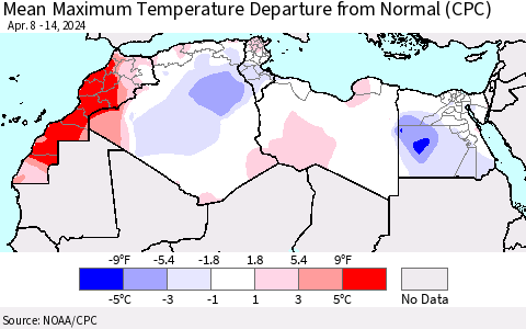 North Africa Mean Maximum Temperature Departure from Normal (CPC) Thematic Map For 4/8/2024 - 4/14/2024