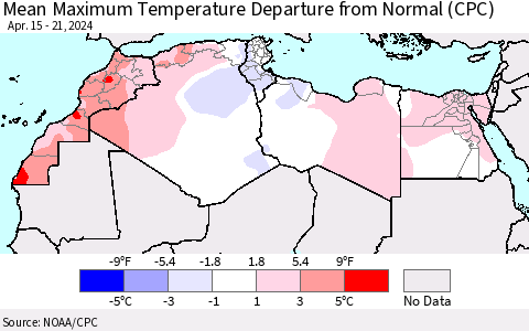 North Africa Mean Maximum Temperature Departure from Normal (CPC) Thematic Map For 4/15/2024 - 4/21/2024