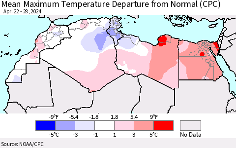 North Africa Mean Maximum Temperature Departure from Normal (CPC) Thematic Map For 4/22/2024 - 4/28/2024
