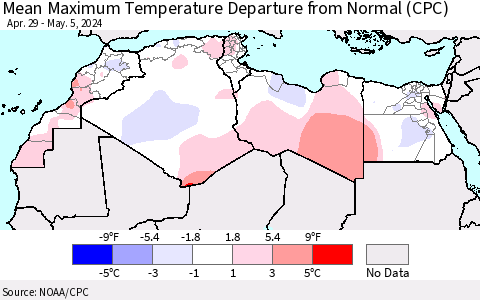 North Africa Mean Maximum Temperature Departure from Normal (CPC) Thematic Map For 4/29/2024 - 5/5/2024