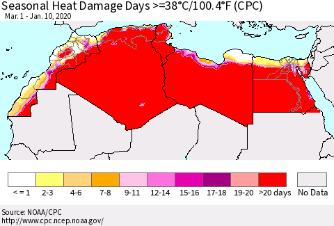 North Africa Seasonal Heat Damage Days >=38°C/100°F (CPC) Thematic Map For 3/1/2019 - 1/10/2020