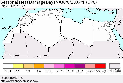 North Africa Seasonal Heat Damage Days >=38°C/100°F (CPC) Thematic Map For 3/1/2019 - 2/29/2020