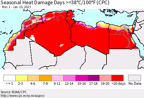 North Africa Seasonal Heat Damage Days >=38°C/100°F (CPC) Thematic Map For 3/1/2022 - 1/10/2023
