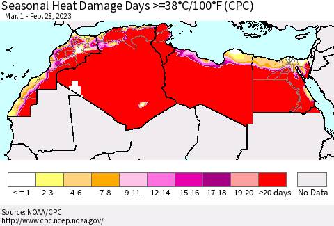 North Africa Seasonal Heat Damage Days >=38°C/100°F (CPC) Thematic Map For 3/1/2022 - 2/28/2023