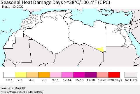 North Africa Seasonal Heat Damage Days >=38°C/100°F (CPC) Thematic Map For 3/1/2022 - 3/10/2022