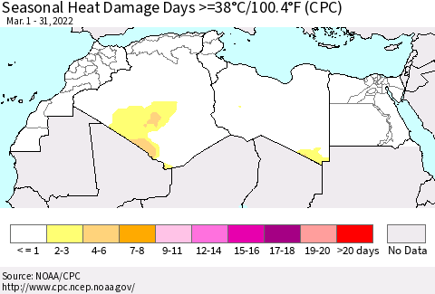 North Africa Seasonal Heat Damage Days >=38°C/100°F (CPC) Thematic Map For 3/1/2022 - 3/31/2022
