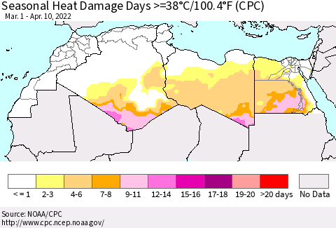 North Africa Seasonal Heat Damage Days >=38°C/100°F (CPC) Thematic Map For 3/1/2022 - 4/10/2022