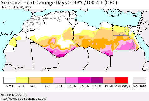 North Africa Seasonal Heat Damage Days >=38°C/100°F (CPC) Thematic Map For 3/1/2022 - 4/20/2022