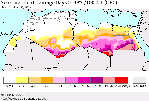 North Africa Seasonal Heat Damage Days >=38°C/100°F (CPC) Thematic Map For 3/1/2022 - 4/30/2022