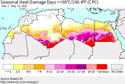 North Africa Seasonal Heat Damage Days >=38°C/100°F (CPC) Thematic Map For 3/1/2022 - 5/10/2022