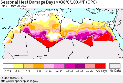 North Africa Seasonal Heat Damage Days >=38°C/100°F (CPC) Thematic Map For 3/1/2022 - 5/20/2022