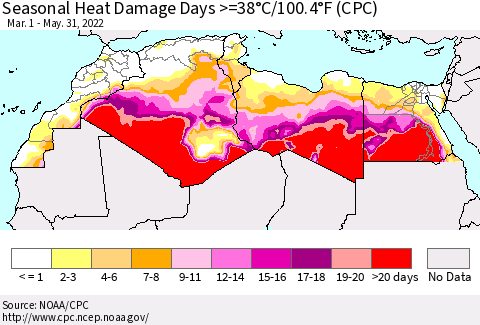 North Africa Seasonal Heat Damage Days >=38°C/100°F (CPC) Thematic Map For 3/1/2022 - 5/31/2022