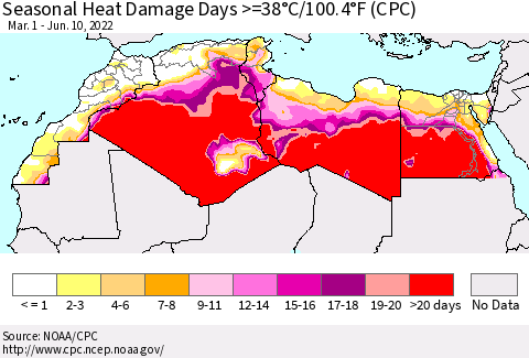 North Africa Seasonal Heat Damage Days >=38°C/100°F (CPC) Thematic Map For 3/1/2022 - 6/10/2022