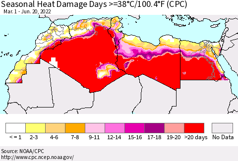 North Africa Seasonal Heat Damage Days >=38°C/100°F (CPC) Thematic Map For 3/1/2022 - 6/20/2022