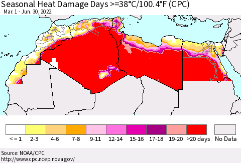 North Africa Seasonal Heat Damage Days >=38°C/100°F (CPC) Thematic Map For 3/1/2022 - 6/30/2022