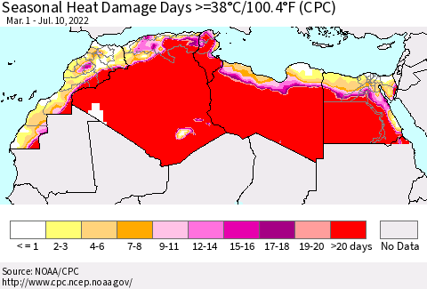 North Africa Seasonal Heat Damage Days >=38°C/100°F (CPC) Thematic Map For 3/1/2022 - 7/10/2022